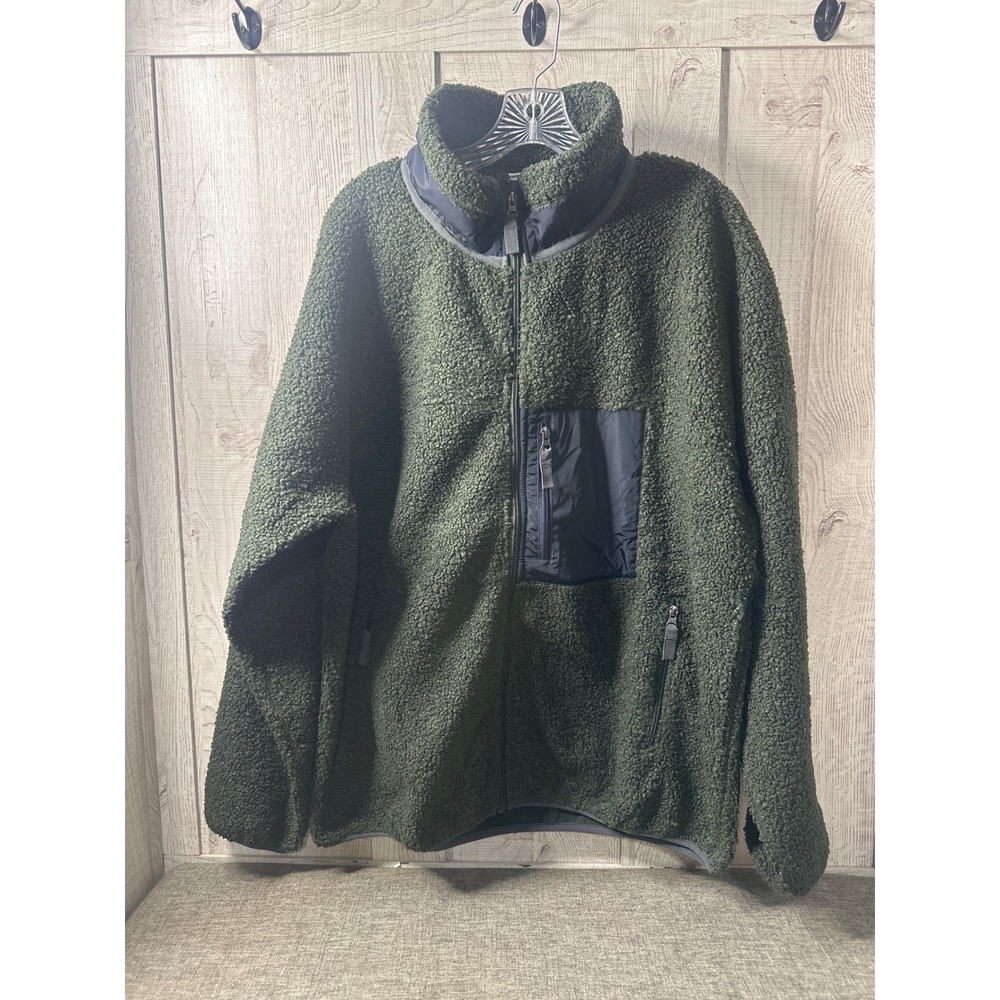 Snowverb Mountaineering Mens Large Faux Sherpa Fuzzy Fleece Jacket Army Green